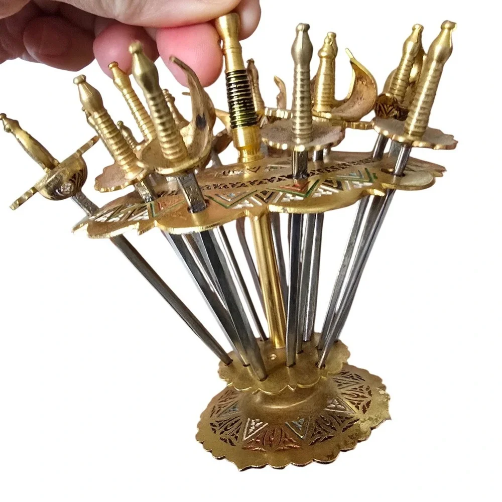 Vintage Toledo Spain Miniature Sword Cocktail Pick Set with Enameled Brass Stand - Picture 2 of 16